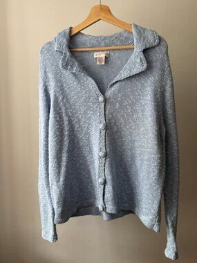 Y2K Soft Blue Speckled Cotton Cardigan | Vintage Collared Sweater